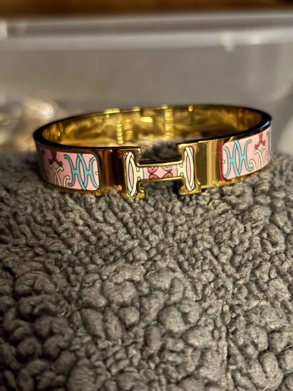 Gold Enamel H Bracelet Bangle in Pink & Aqua
